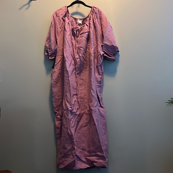 Deiji Studios The Blousy gathered washed-linen Midi Dress | NWT | M/L | Pink - Picture 5 of 6